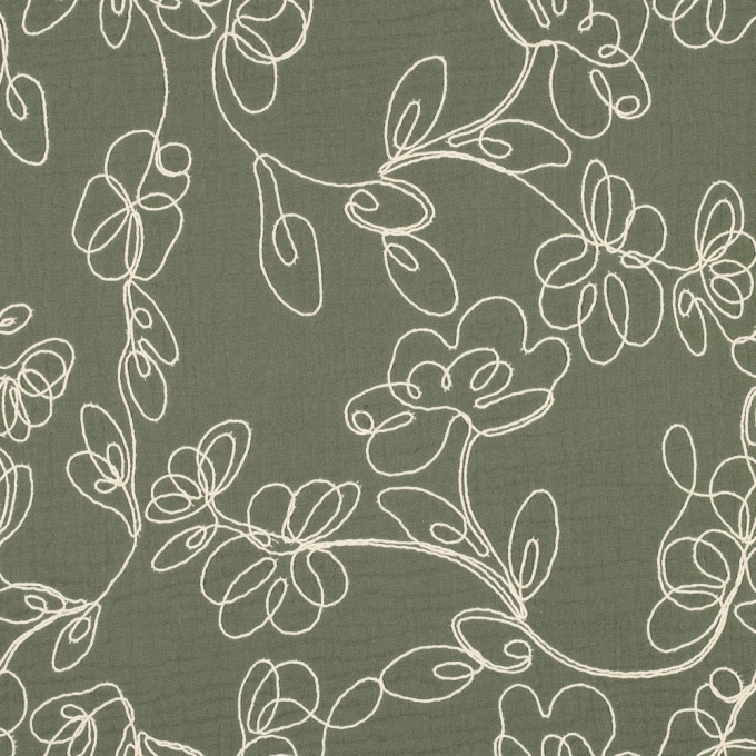 Katoenen mousseline broderie Flower Lines, groen