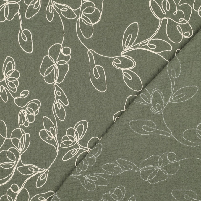 Katoenen mousseline broderie Flower Lines, groen