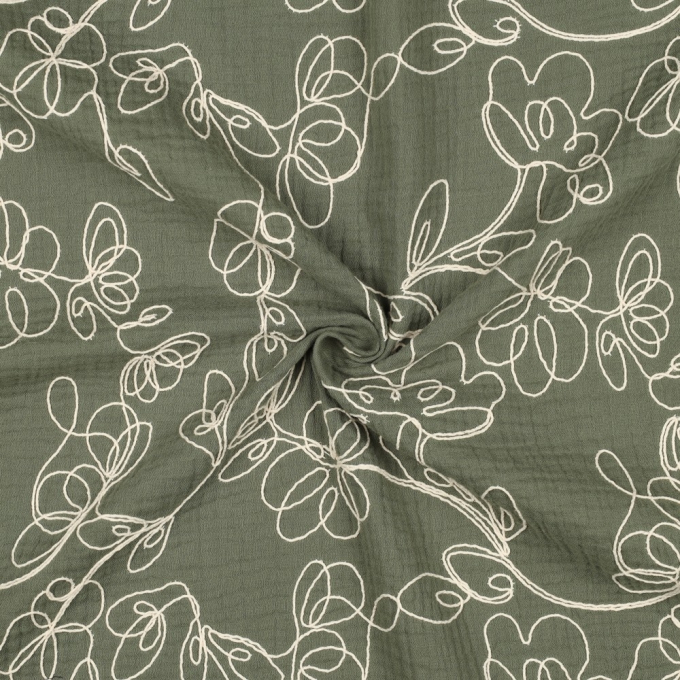 Katoenen mousseline broderie Flower Lines, groen