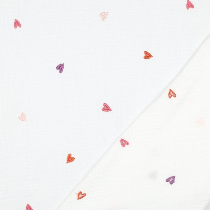 Tissu double gaze de coton broderie Coeurs, blanc cassé