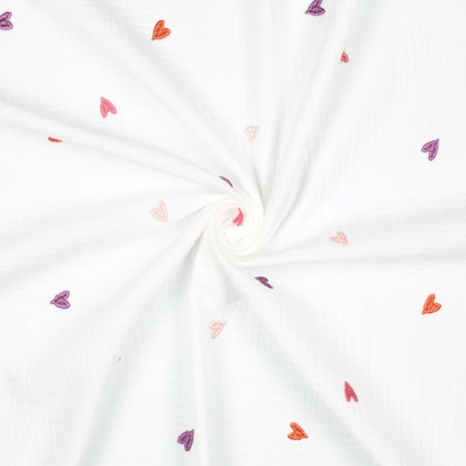 Tissu double gaze de coton broderie Coeurs, blanc cassé