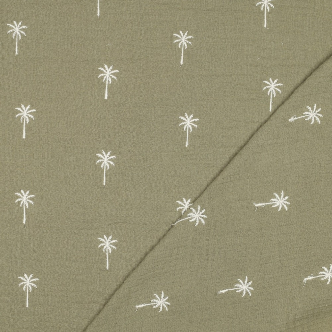 Katoenen mousseline broderie palmen, licht olijfgroen