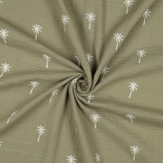 Katoenen mousseline broderie palmen, licht olijfgroen