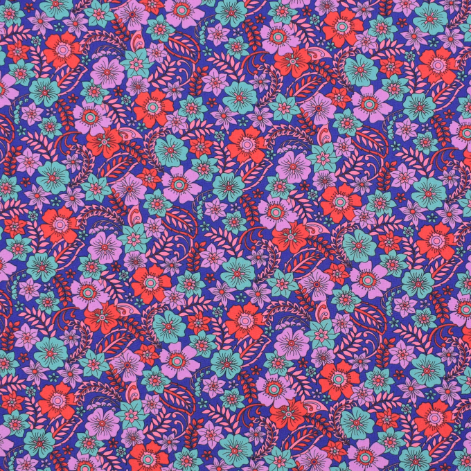 Tissu coton popeline Fleurs Beautiful Flowers, bleu foncé