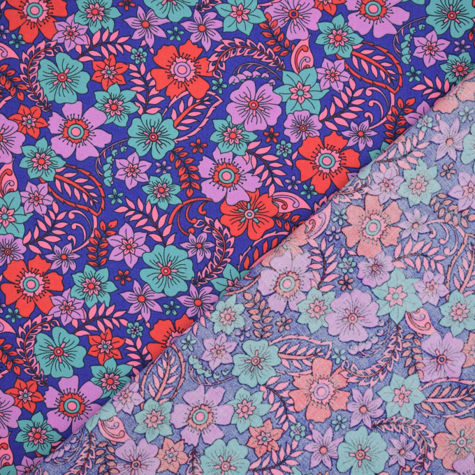 Tissu coton popeline Fleurs Beautiful Flowers, bleu foncé