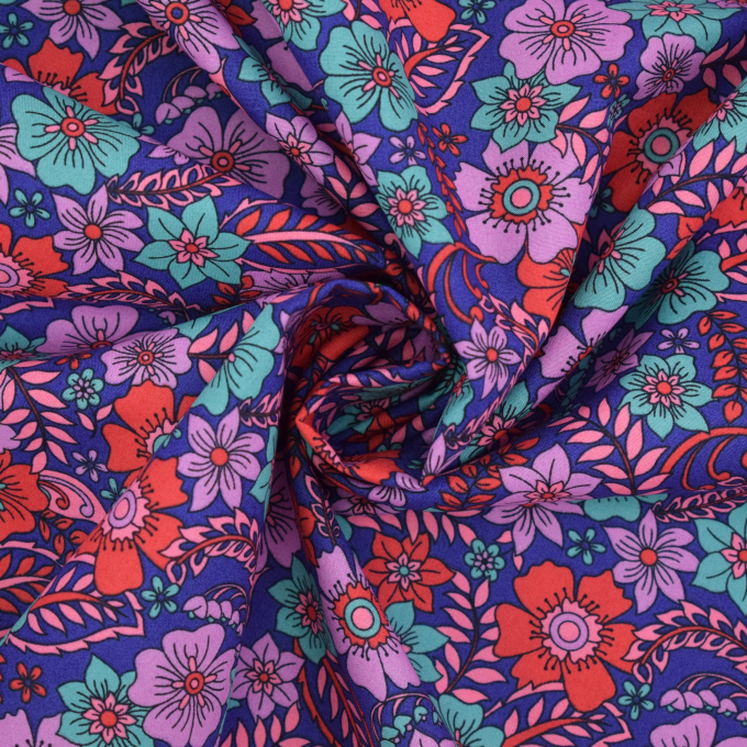 Tissu coton popeline Fleurs Beautiful Flowers, bleu foncé