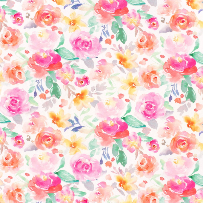 Katoenen popeline beautiful flowers, wit