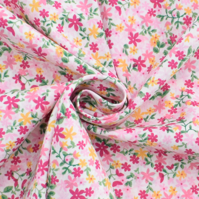 Tissu coton popeline Confettis de fleurs, rose fuchsia