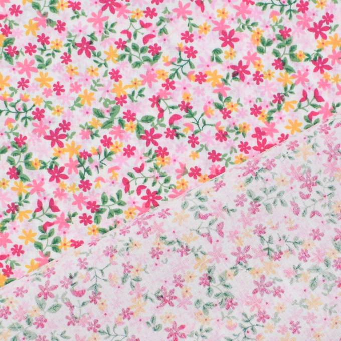 Tissu coton popeline Confettis de fleurs, rose fuchsia