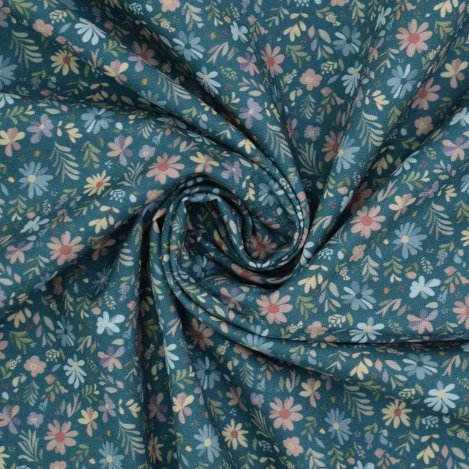 Baumwoll Popeline Blumenfeld, petrol