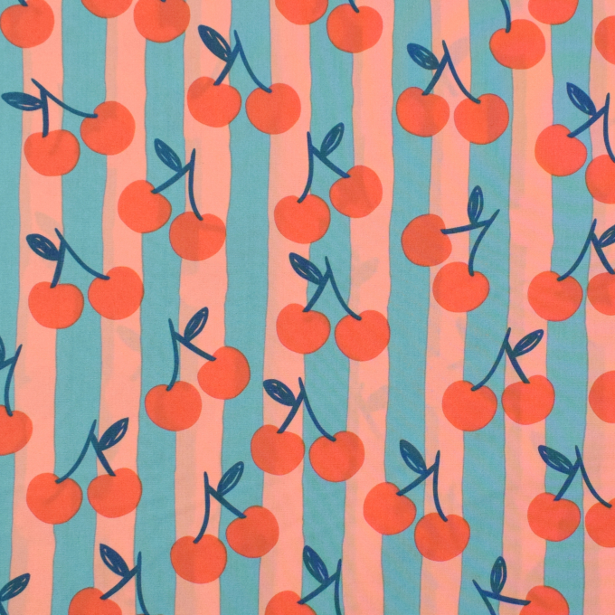 Tissu coton popeline Cherries, bleu pétrole clair