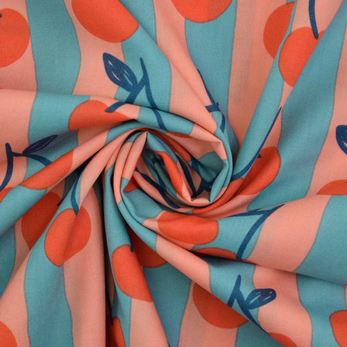 Tissu coton popeline Cherries, bleu pétrole clair