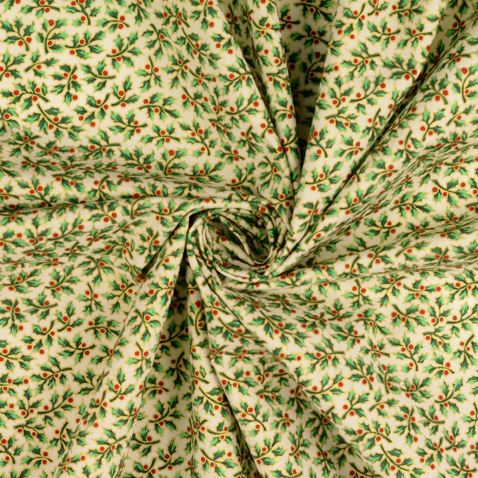 Tissu coton popeline Christmas Leaves, crème