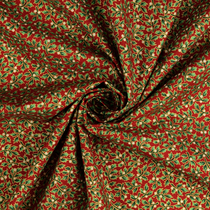 Tissu coton popeline Christmas Leaves, rouge foncé