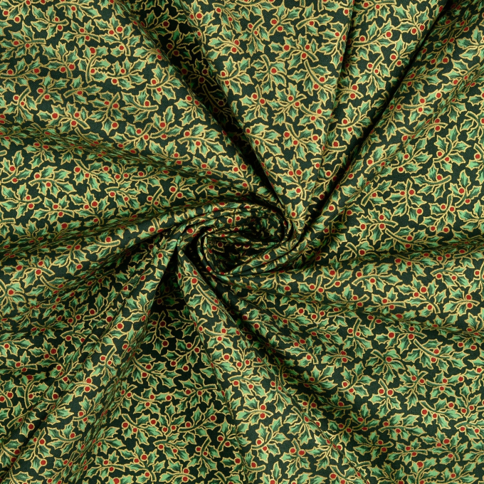 Tissu coton popeline Christmas Leaves, vert foncé