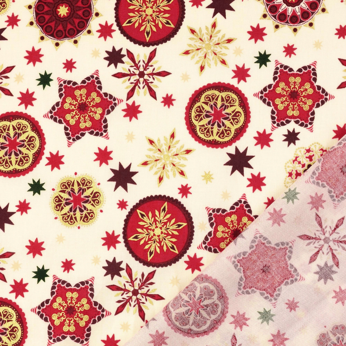 Tissu coton popeline Christmas Mandala, crème