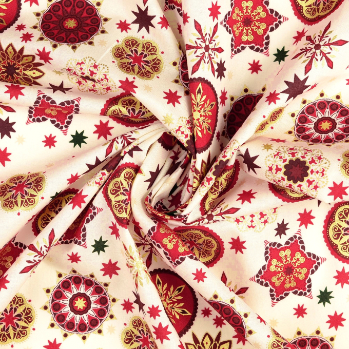 Tissu coton popeline Christmas Mandala, crème
