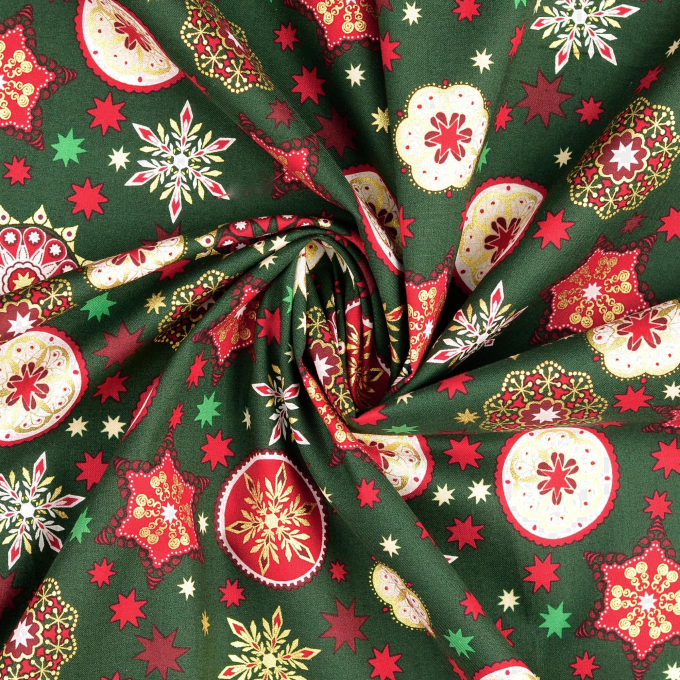 Tissu coton popeline Christmas Mandala, vert foncé