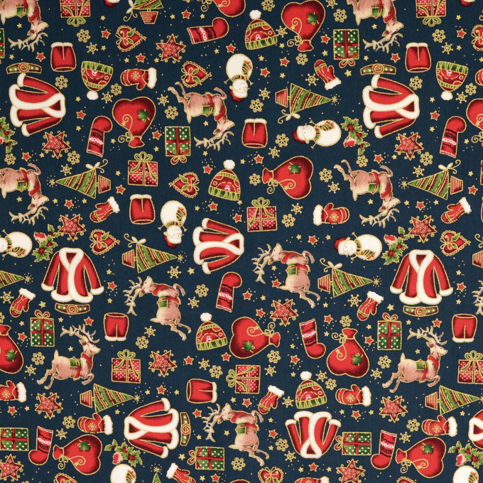 Tissu coton popeline Christmas Signs, bleu foncé