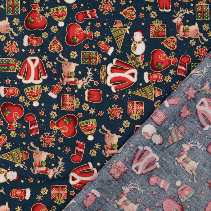 Tissu coton popeline Christmas Signs, bleu foncé