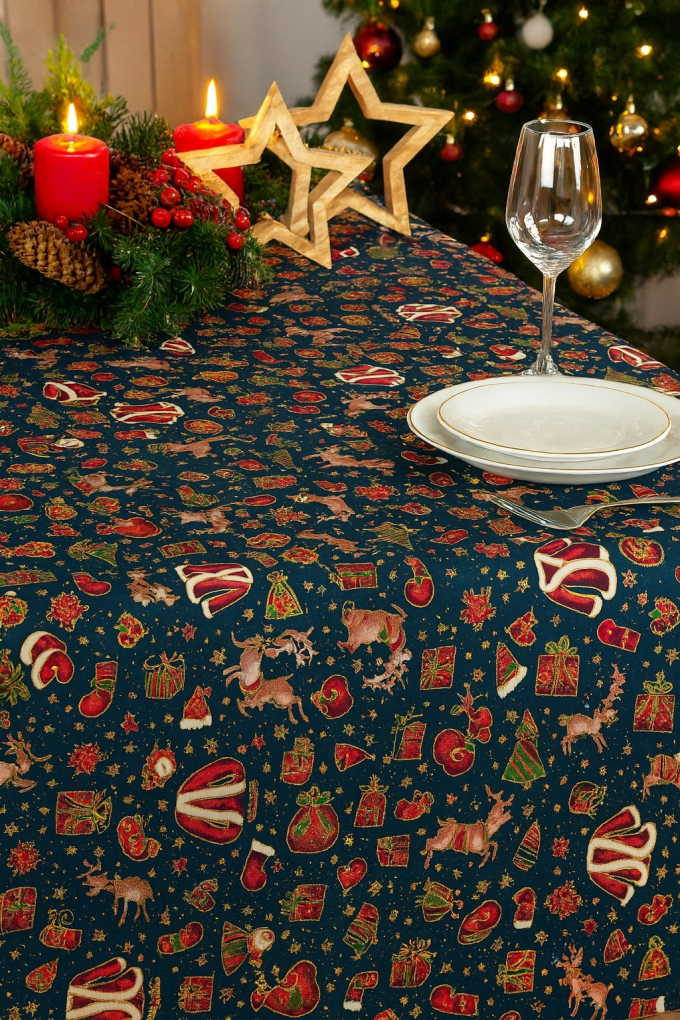 Tissu coton popeline Christmas Signs, bleu foncé