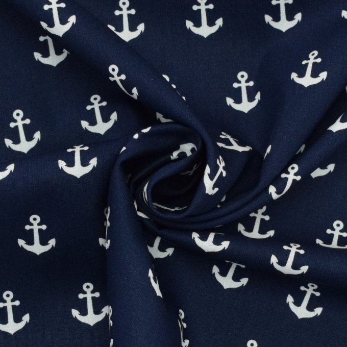 Tissu coton popeline ancres marines cool, bleu marine
