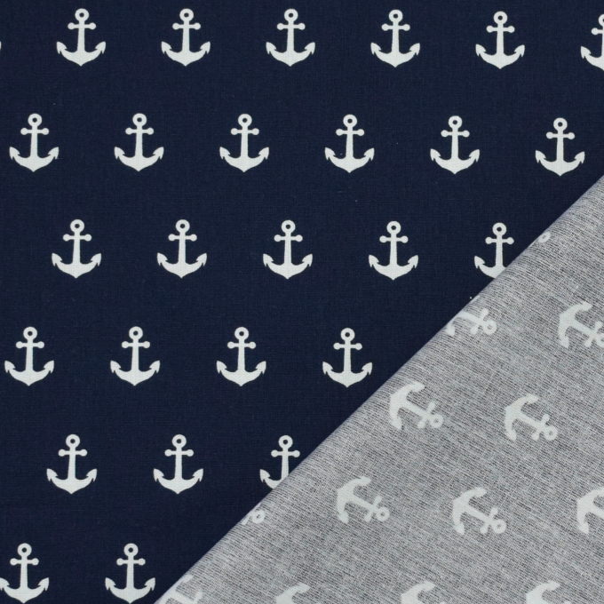 Tissu coton popeline ancres marines cool, bleu marine