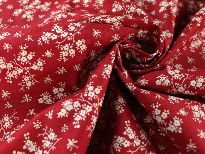 Tissu coton popeline Fleurs Cottage Flowers, rouge & blanc