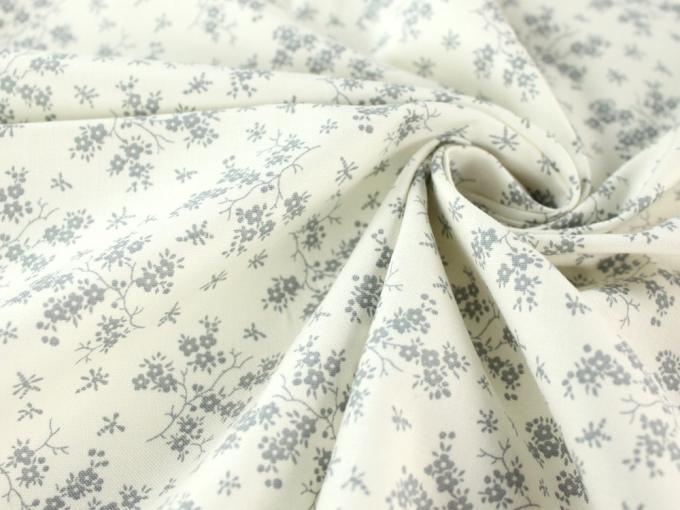 Tissu coton popeline Fleurs Cottage Flowers, blanc & gris