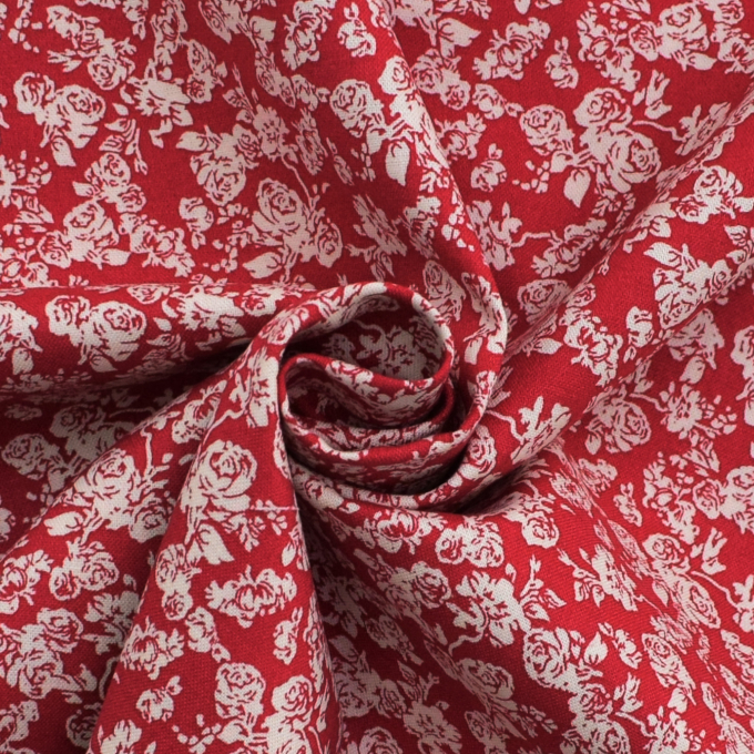 Tissu coton popeline Cottage Roses, rouge, blanc