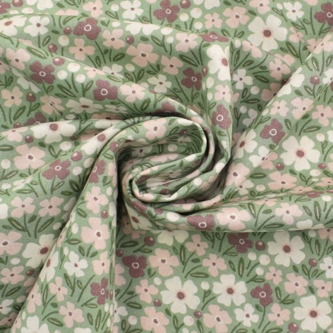 Tissu coton popeline Fleurs Flower Field, vert pâle