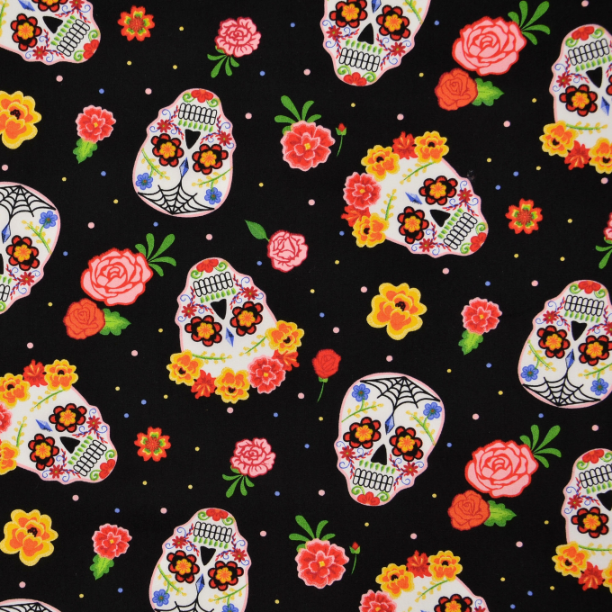 Tissu coton popeline têtes de mort et fleurs Halloween Flower Skull Mix, noir