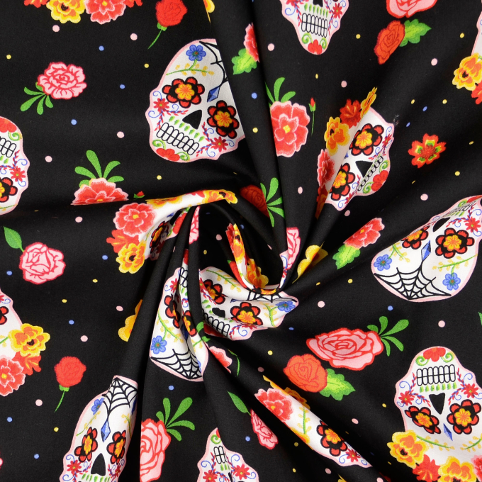 Tissu coton popeline têtes de mort et fleurs Halloween Flower Skull Mix, noir