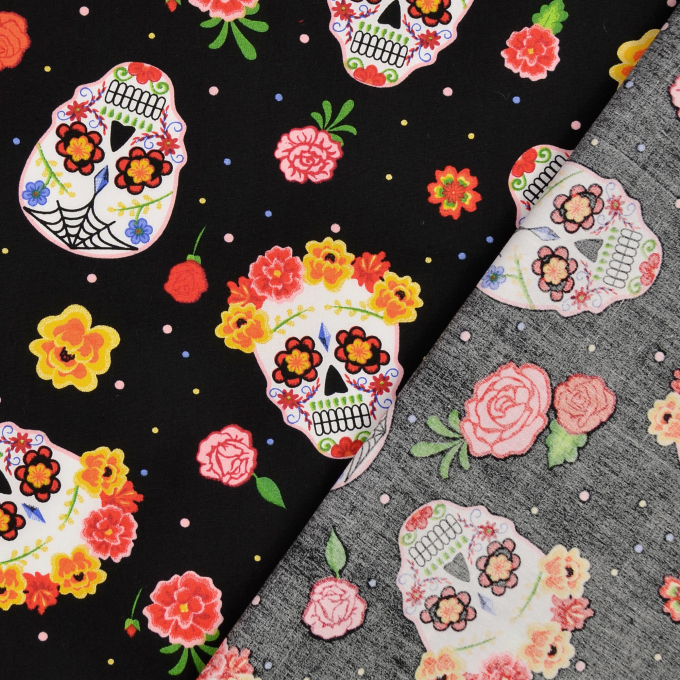 Tissu coton popeline têtes de mort et fleurs Halloween Flower Skull Mix, noir