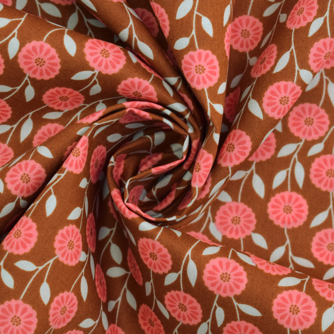 Tissu coton popeline Fleurs Flower Tendrils, caramel