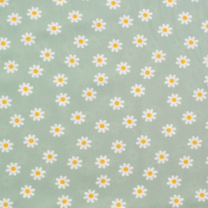 Tissu coton popeline Fleurs Pâquerettes, menthe