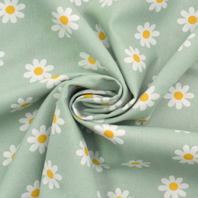 Tissu coton popeline Fleurs Pâquerettes, menthe