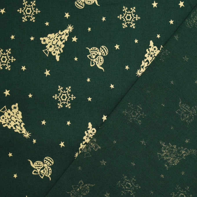 Tissu coton popeline Noël Golden Christmas, vert foncé