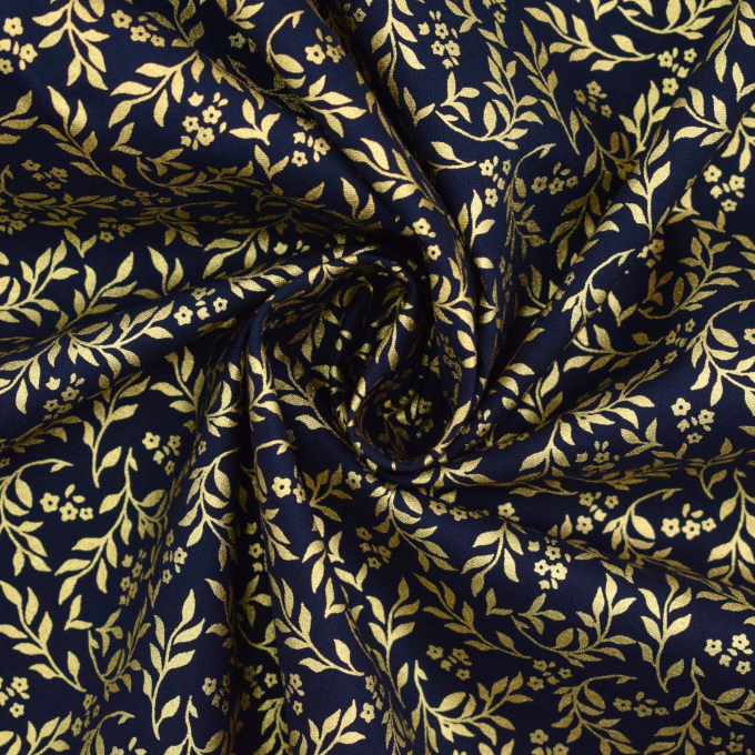 Popeline katoen Golden Leaves, marineblauw