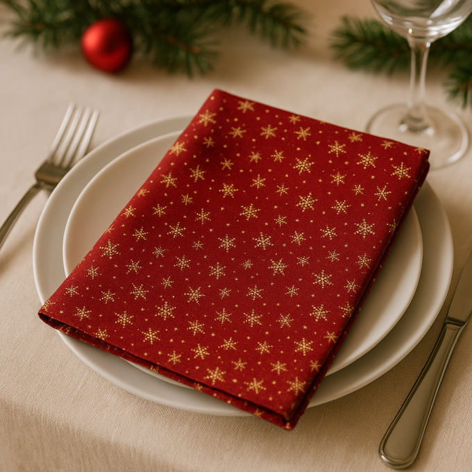Tissu coton popeline Golden Snowflakes, lie de vin