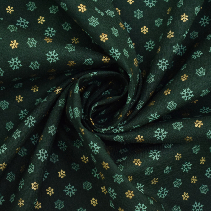 Baumwoll Popeline Golden Snowflakes, dunkelgrün