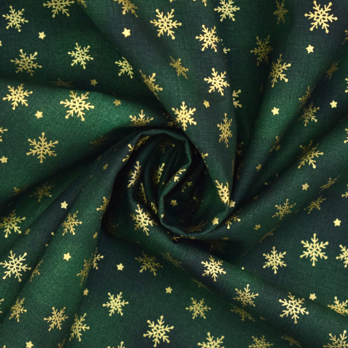 Tissu coton popeline Golden Snowflakes, vert foncé