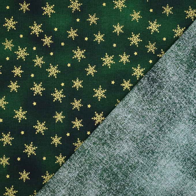 Tissu coton popeline Golden Snowflakes, vert foncé
