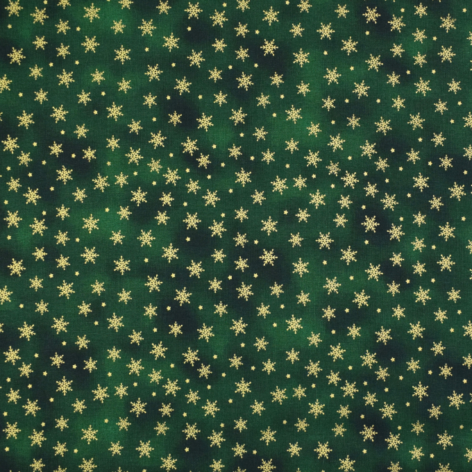 Tissu coton popeline Golden Snowflakes, vert foncé