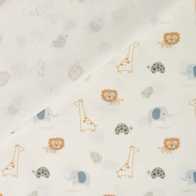 Tissu coton popeline Happy Animals, blanc cassé