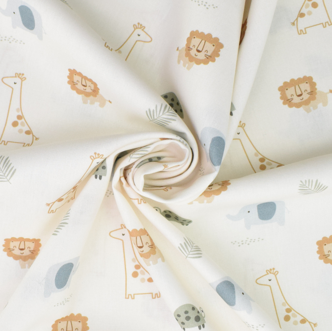 Tissu coton popeline Happy Animals, blanc cassé