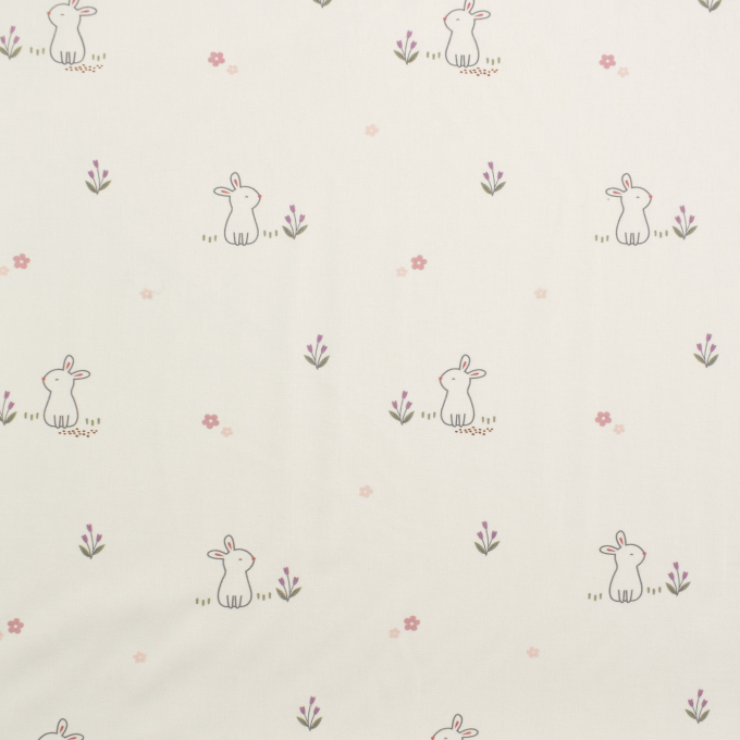Tissu coton popeline Lapins Happy Bunny, blanc cassé