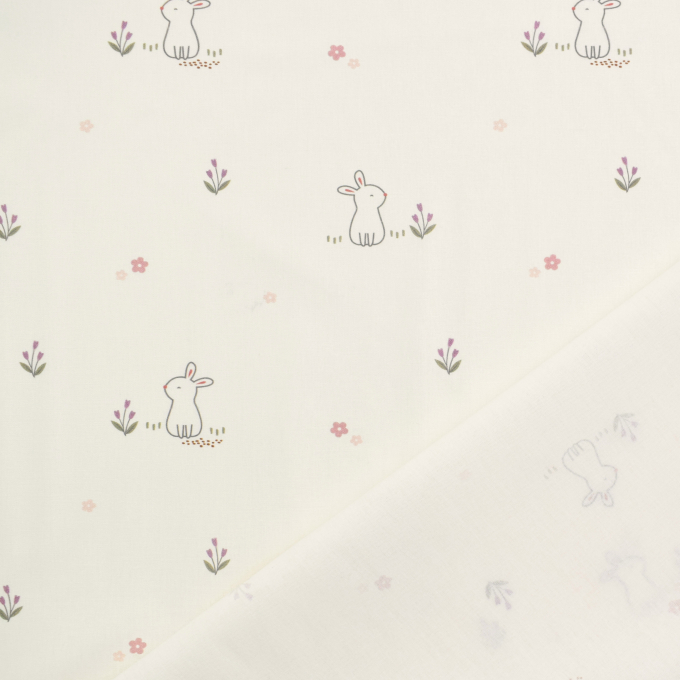 Tissu coton popeline Lapins Happy Bunny, blanc cassé
