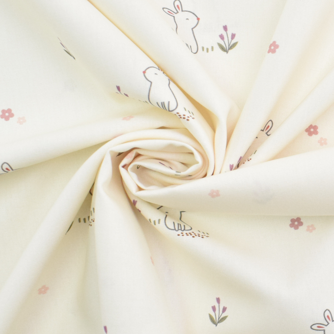Tissu coton popeline Lapins Happy Bunny, blanc cassé