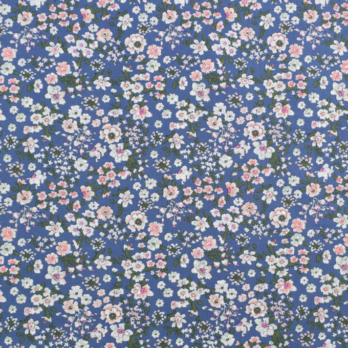 Tissu coton popeline Fleurs Helena, bleu denim